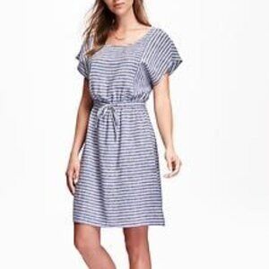 Seersucker Striped Linen Dress with Tie Waist